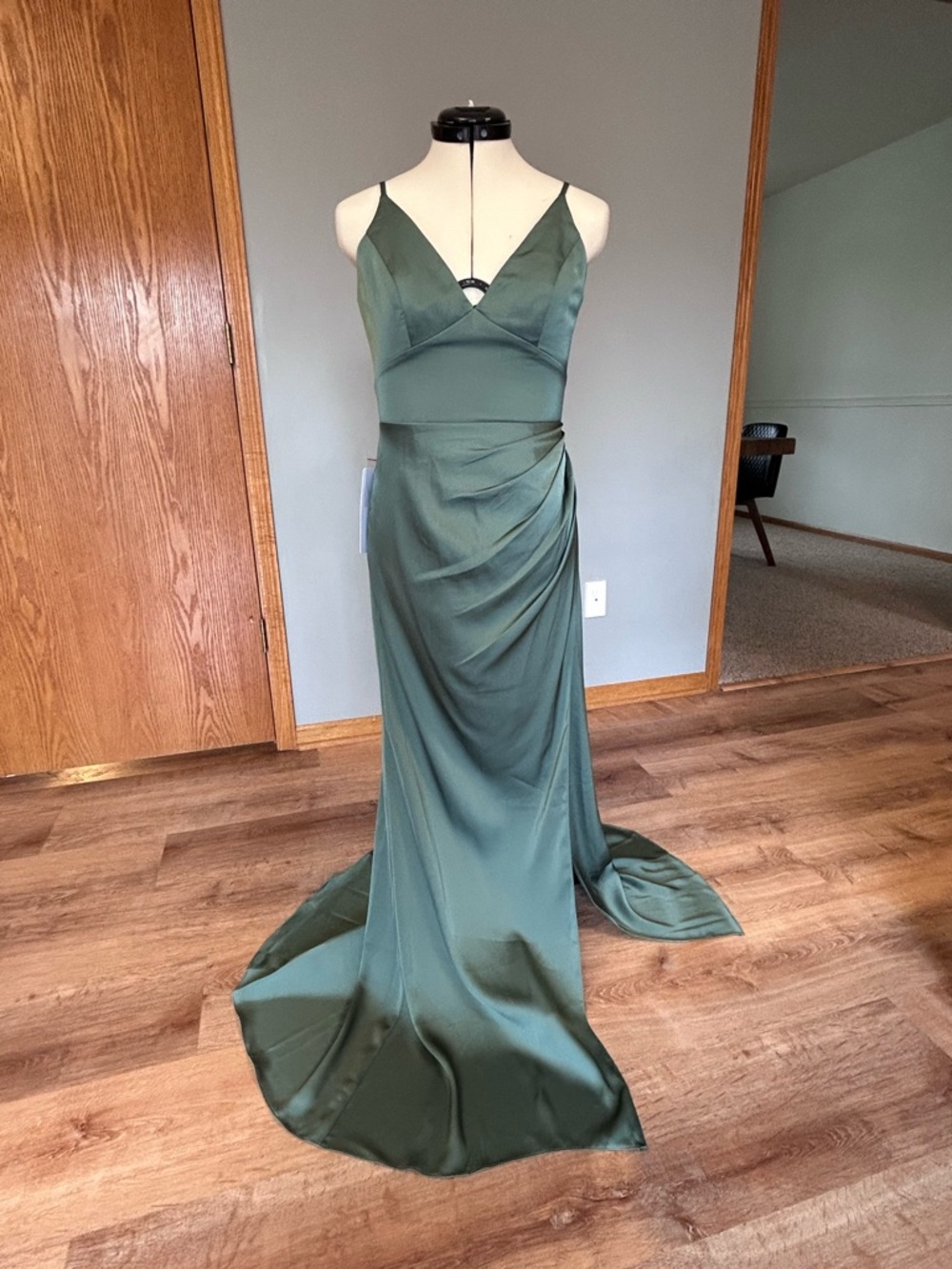 Azazie Olive Green Satin V-Neck Maxi Dress
